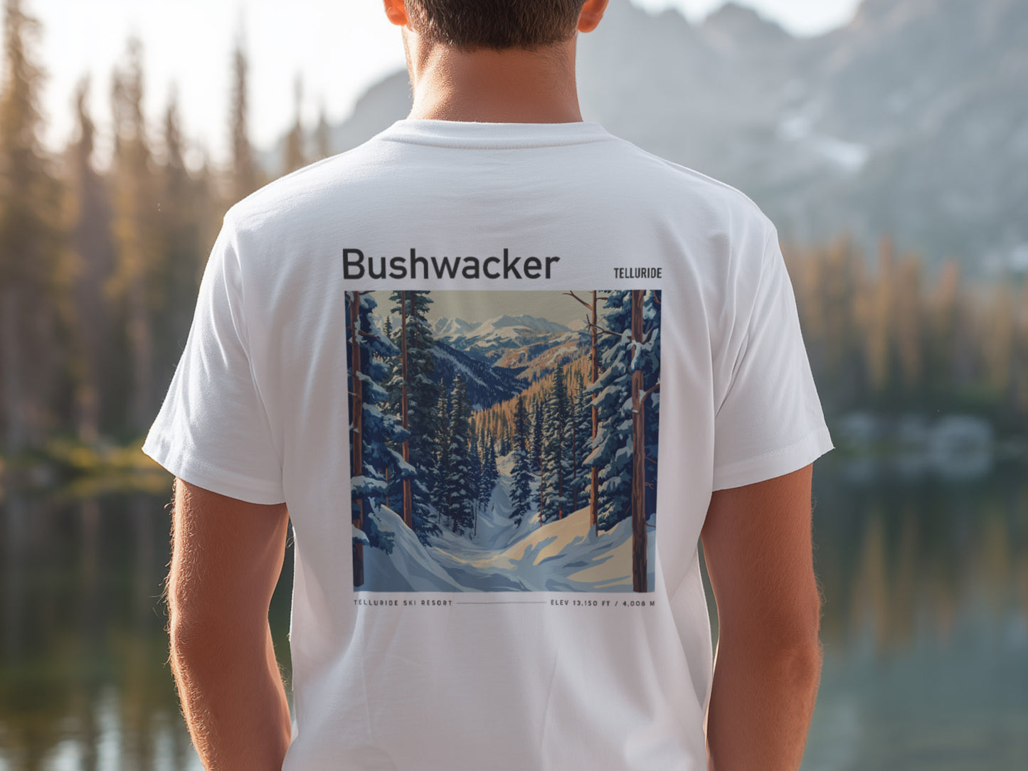 Bushwacker Ski T-Shirt | Telluride Mountain Art Tee — design printed on the back of the t-shirt