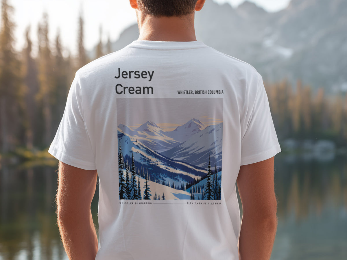 Jersey Cream Ski T-Shirt | Whistler Blackcomb Mountain Art Tee — design printed on the back of the t-shirt