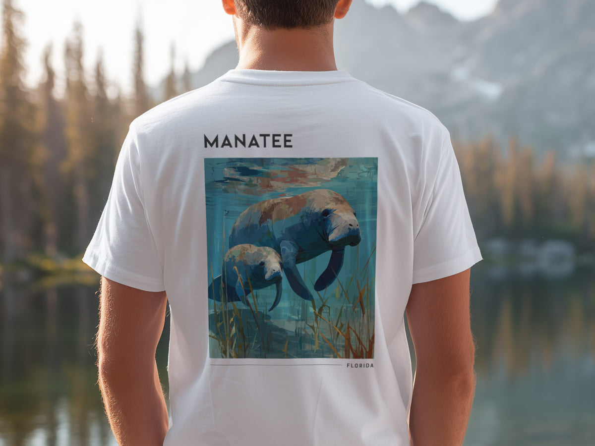 Manatee, Florida Travel T-Shirt | Gentle Waters, Wild Spirit — design printed on the back of the t-shirt