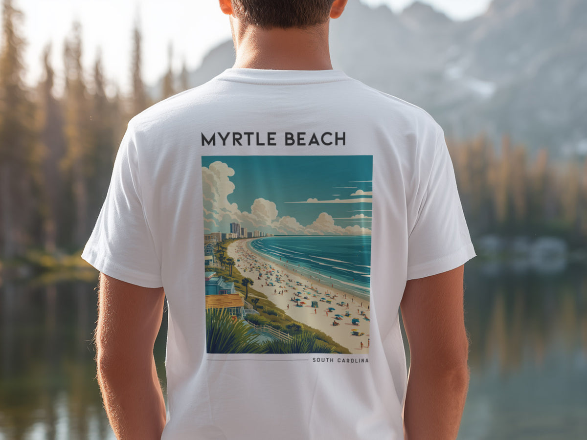 Myrtle Beach Travel T-Shirt | Sun, Sand & Grand Strand — design printed on the back of the t-shirt