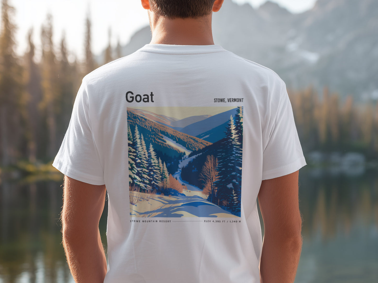 Goat, Stowe Ski T-Shirt | Vermont Mountain Art Tee — design printed on the back of the t-shirt