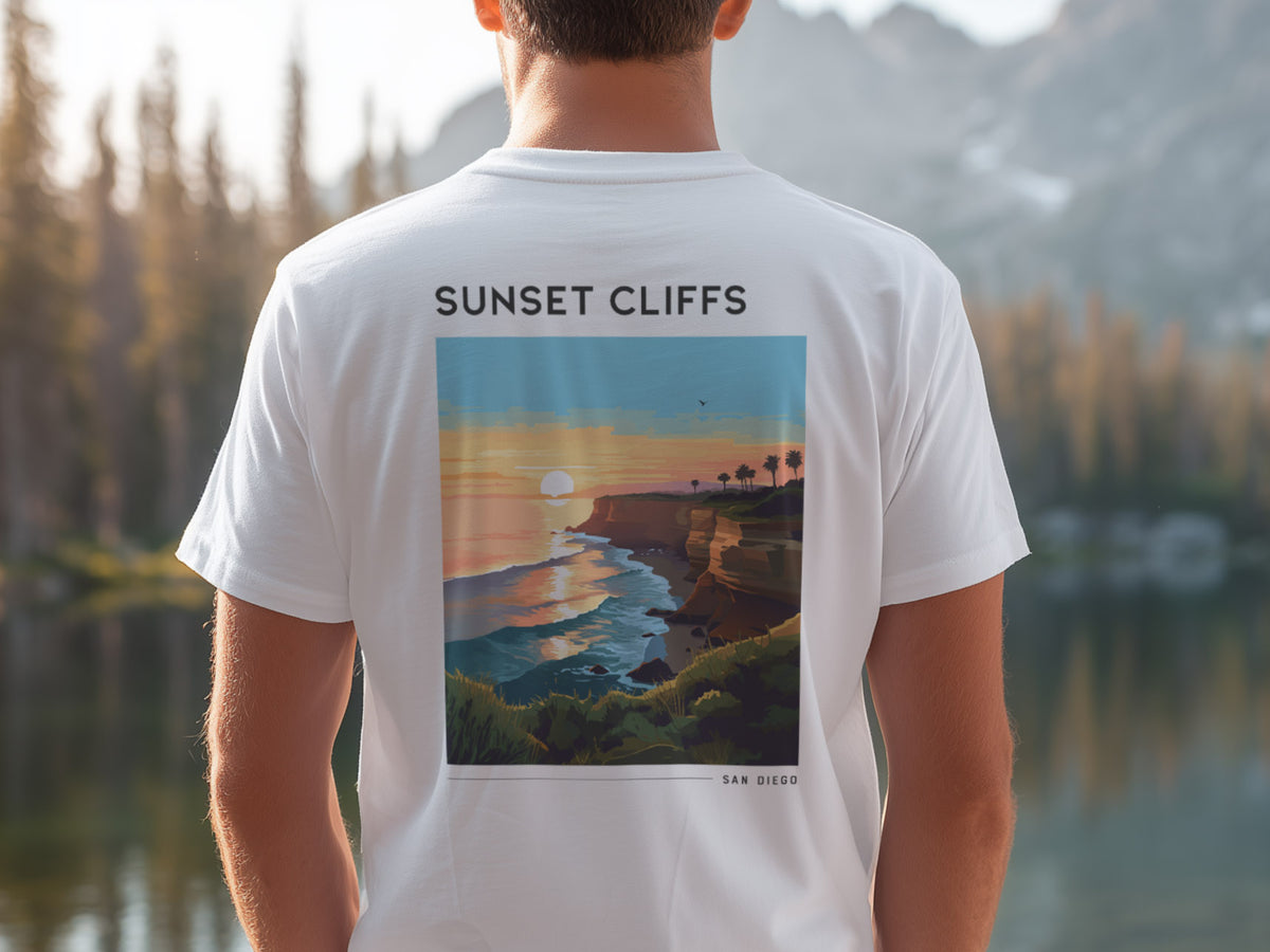 Sunset Cliffs Travel T-Shirt | San Diego Coastal Art Tee — design printed on the back of the t-shirt