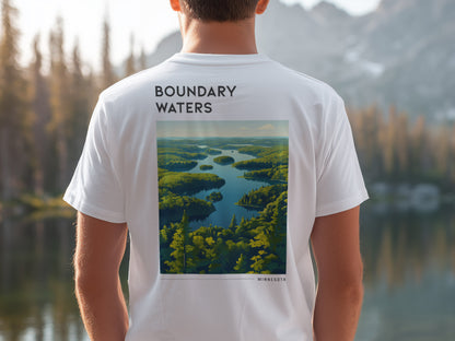 Boundary Waters Travel T-Shirt | Minnesota Wilderness Canoe Country Art — design printed on the back of the t-shirt