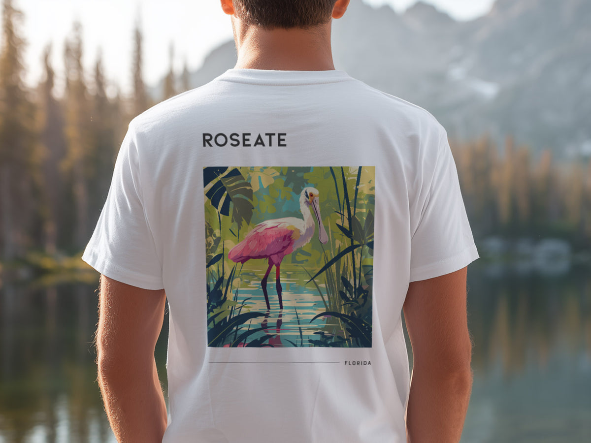 Florida Roseate Spoonbill Travel T-Shirt | Pink Wings, Wild Places — design printed on the back of the t-shirt