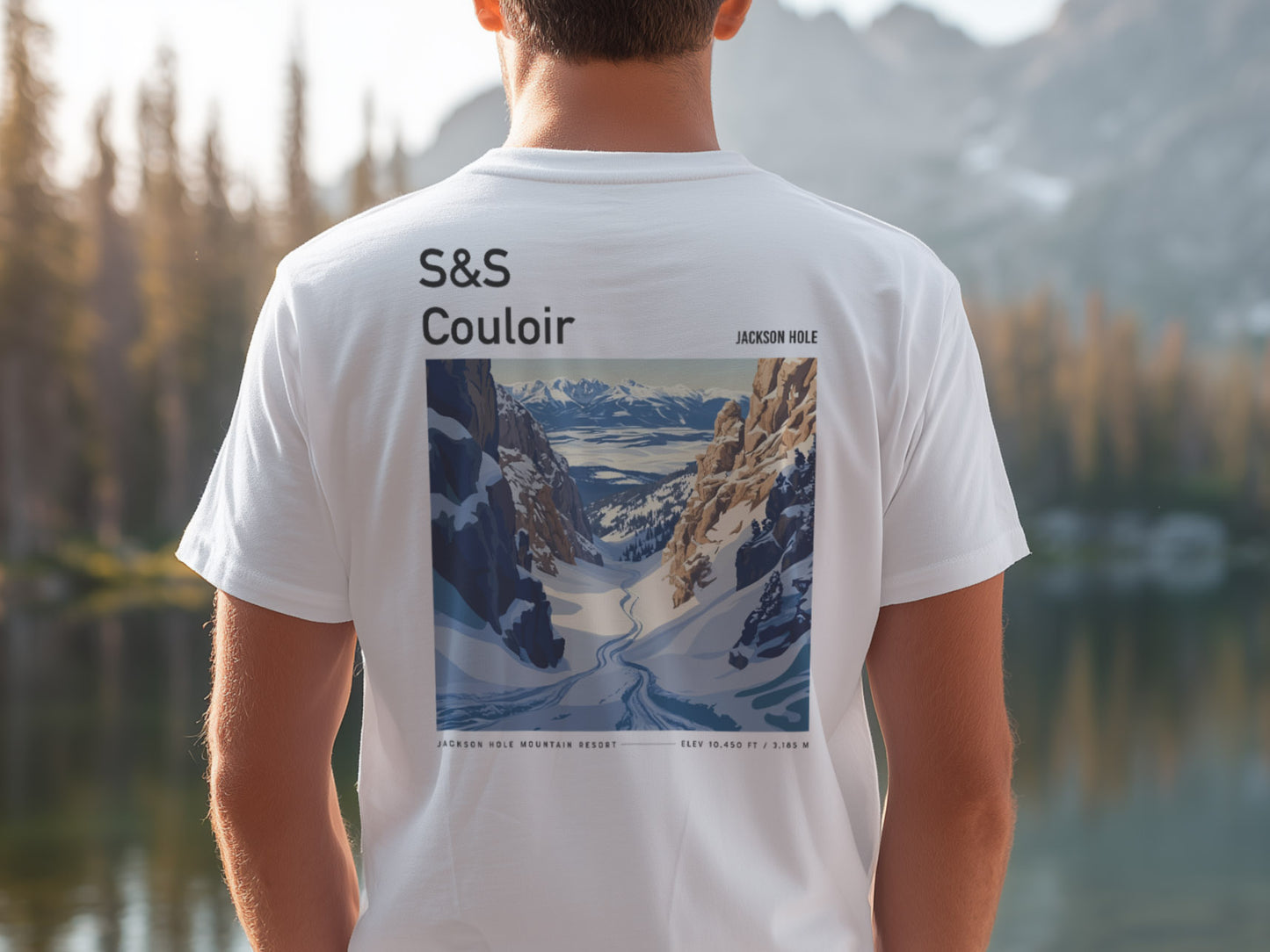 S&S Couloir Ski T-Shirt | Jackson Hole Mountain Art Tee — design printed on the back of the t-shirt