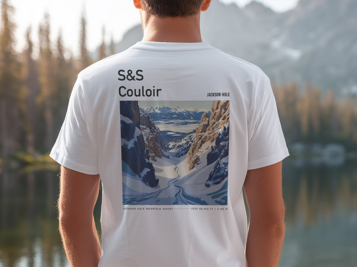 S&S Couloir Ski T-Shirt | Jackson Hole Mountain Art Tee — design printed on the back of the t-shirt
