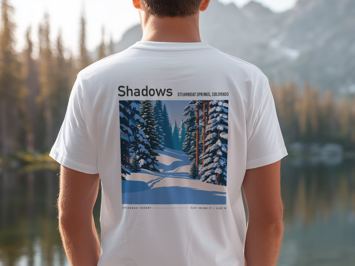 Shadows, Steamboat Ski T-Shirt | Rocky Mountain Powder Art Tee — design printed on the back of the t-shirt