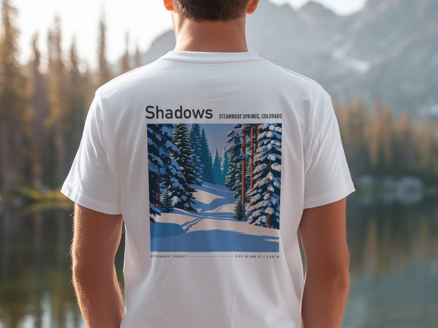 Shadows, Steamboat Ski T-Shirt | Rocky Mountain Powder Art Tee — design printed on the back of the t-shirt