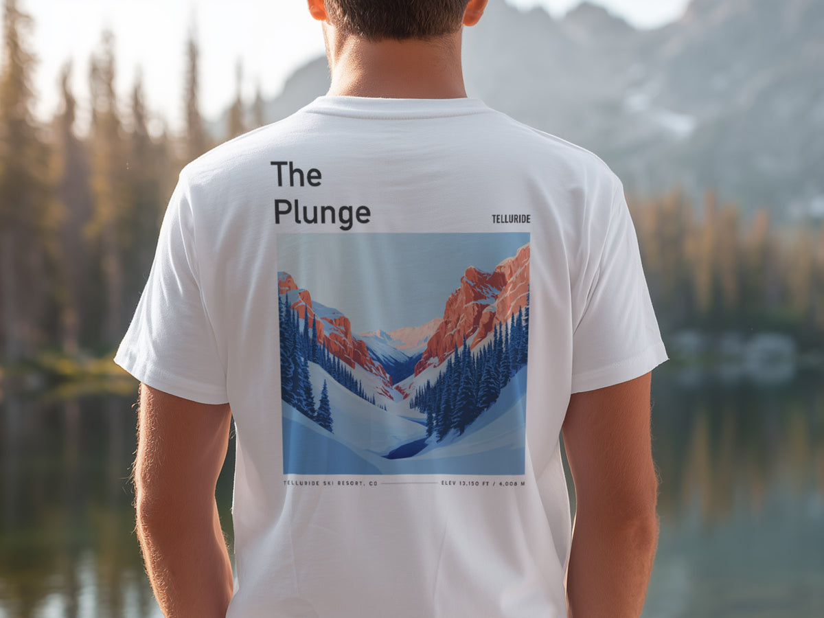The Plunge Ski T-Shirt | Telluride Mountain Art Tee — design printed on the back of the t-shirt