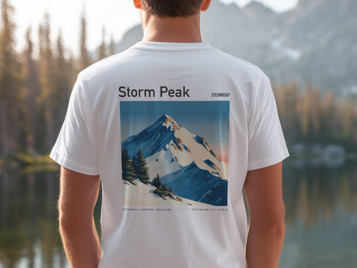 Storm Peak Steamboat Ski T-Shirt | Colorado Mountain Art Tee — design printed on the back of the t-shirt