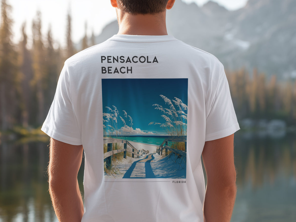 Pensacola Beach Travel T-Shirt | Gulf Coast Sun & Sand — design printed on the back of the t-shirt
