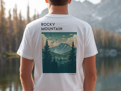 Rocky Mountain National Park Travel T-Shirt | Colorado Alpine Adventure Art Tee — design printed on the back of the t-shirt