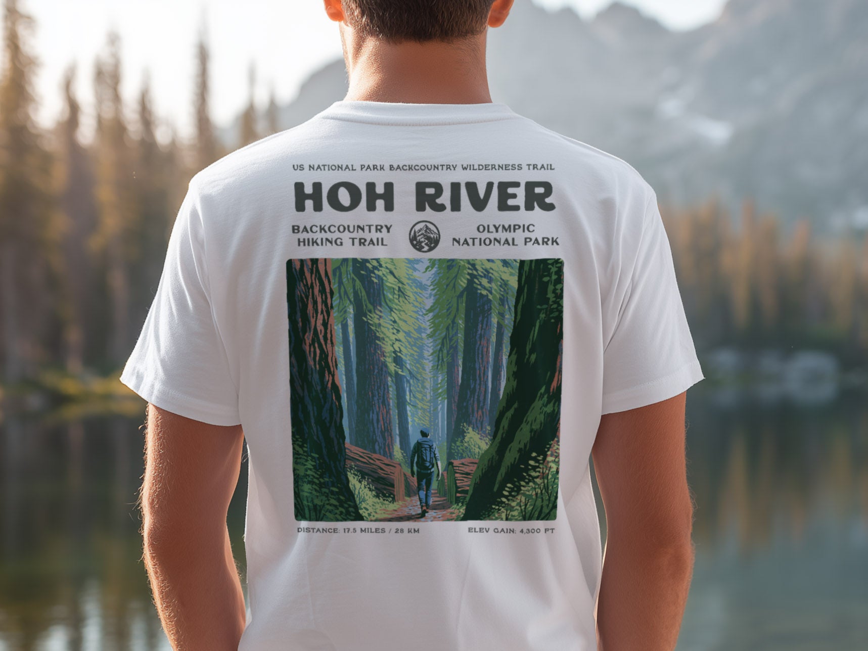 Hoh River Hiking T-Shirt | Olympic Rainforest Trail Art Tee — design printed on the back of the t-shirt