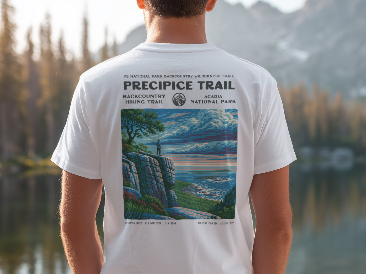 Precipice Trail Hiking T-Shirt | Hiker Gift | Acadia's Boldest Climb — design printed on the back of the t-shirt