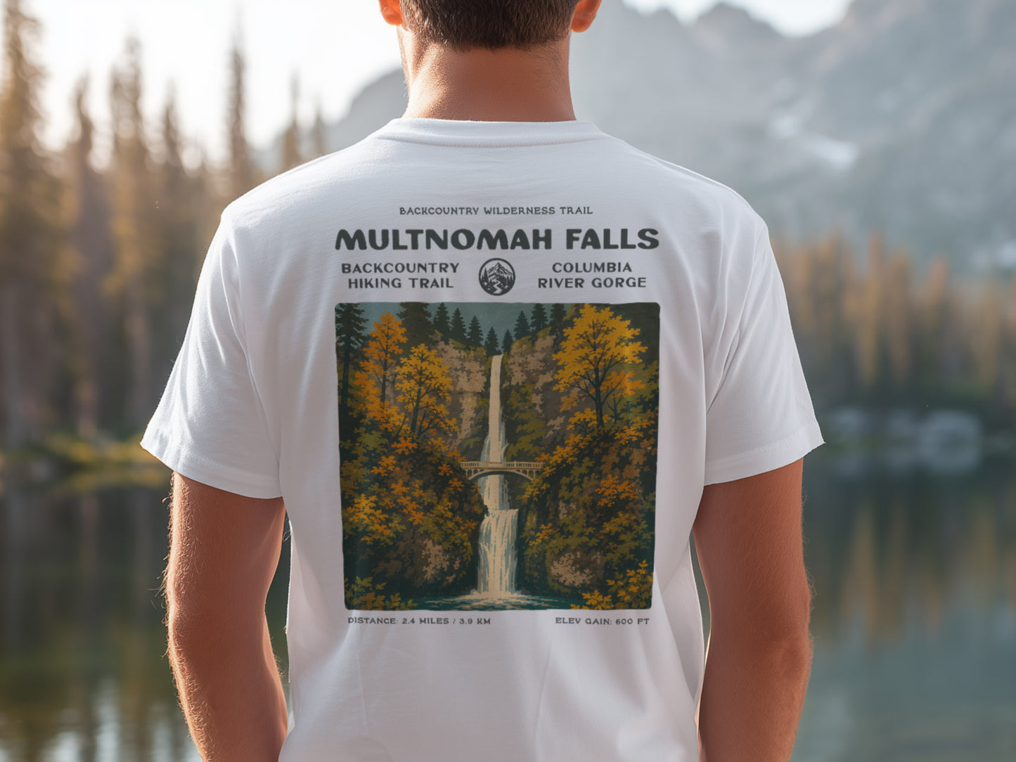 Multnomah Falls Hiking T-Shirt | Hiker Gift | Oregon Waterfall Trail Tee — design printed on the back of the t-shirt