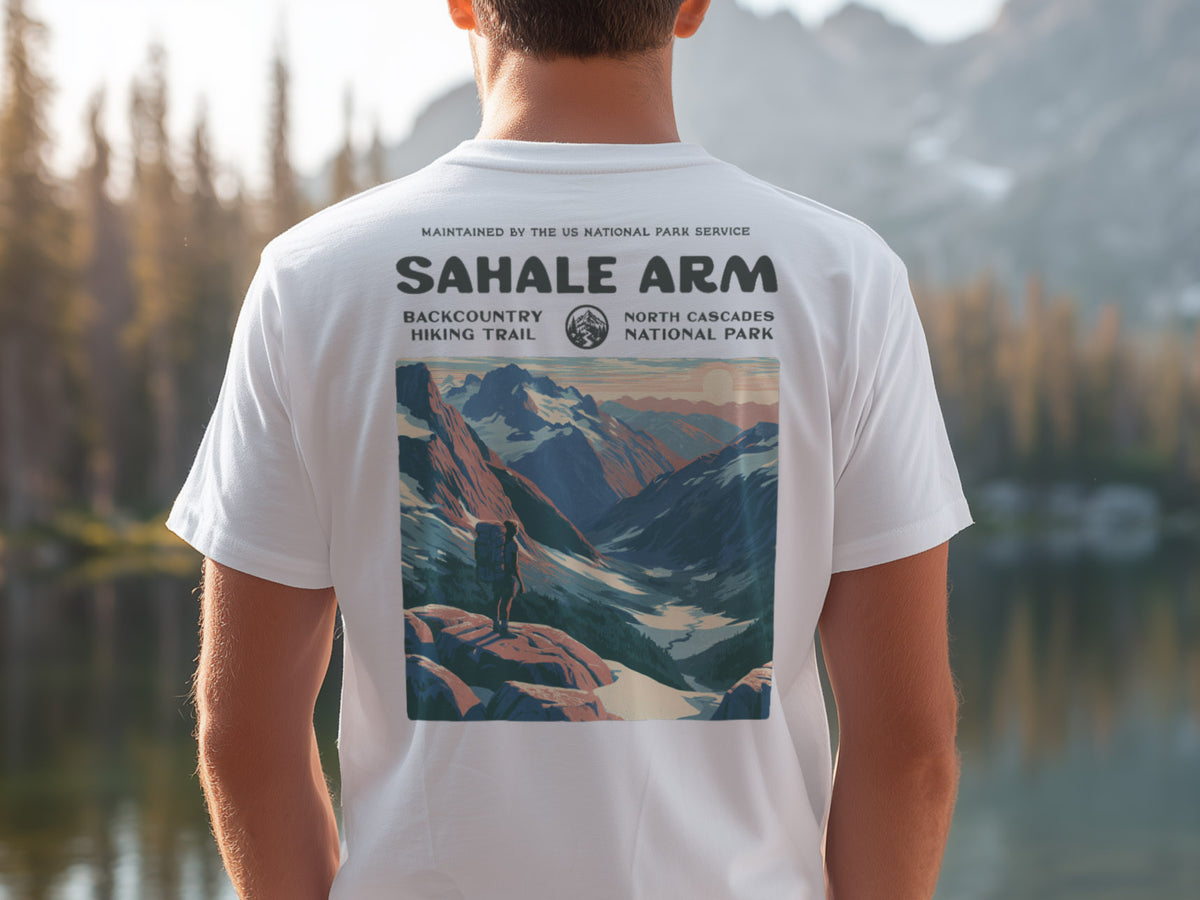 Sahale Arm Hiking T-Shirt | Hiker Gift | North Cascades Trail Tee — design printed on the back of the t-shirt
