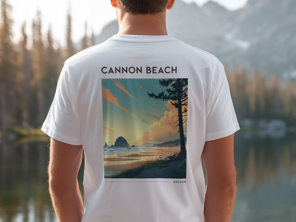 Cannon Beach Travel T-Shirt | Oregon Coast Iconic Haystack Rock — design printed on the back of the t-shirt