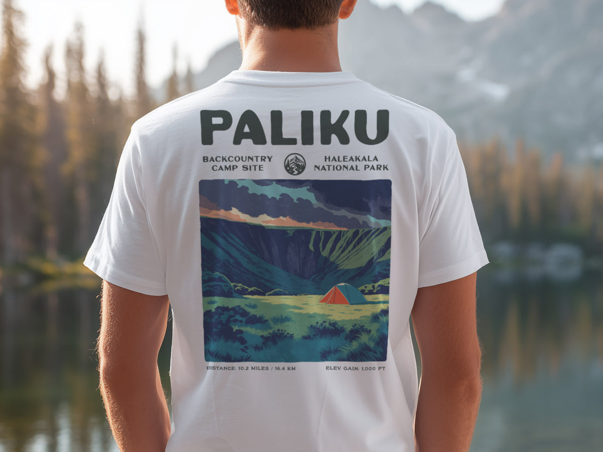 Paliku Hiking T-Shirt | Hiker Gift | Haleakala Backcountry Tee — design printed on the back of the t-shirt