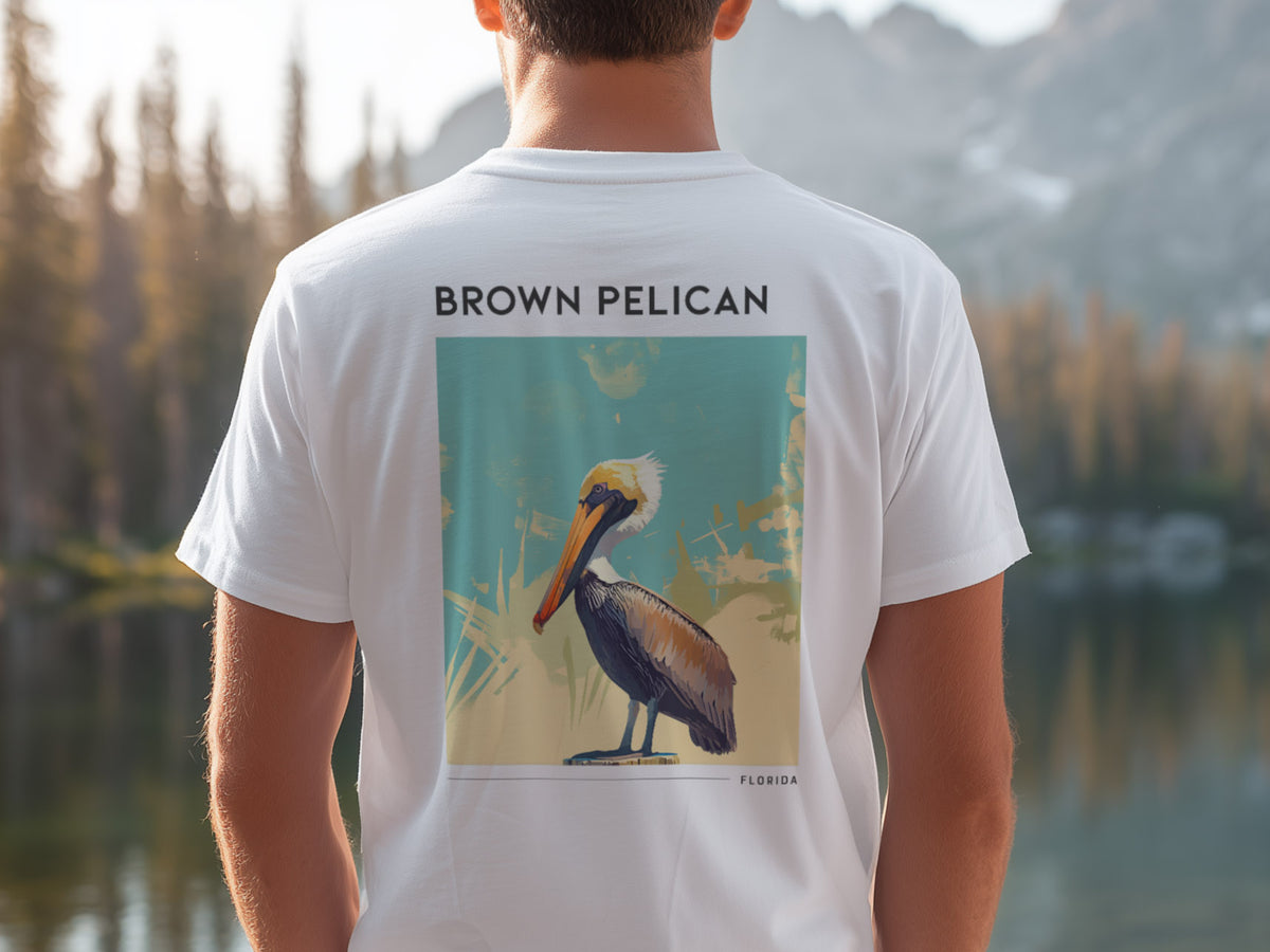 Florida Travel T-Shirt | Brown Pelican Coastal Art Tee — design printed on the back of the t-shirt