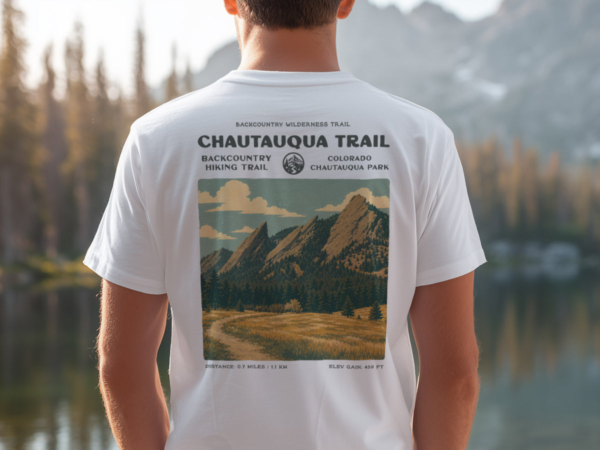 Chautauqua Trail Hiking T-Shirt | Hiker Gift | Boulder Colorado Trail Tee — design printed on the back of the t-shirt