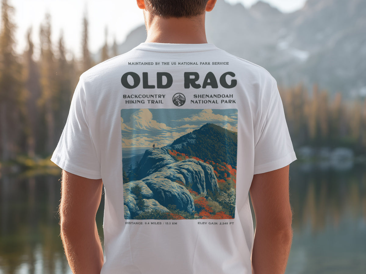 Old Rag Hiking T-Shirt | Hiker Gift | Shenandoah Trail Tee — design printed on the back of the t-shirt