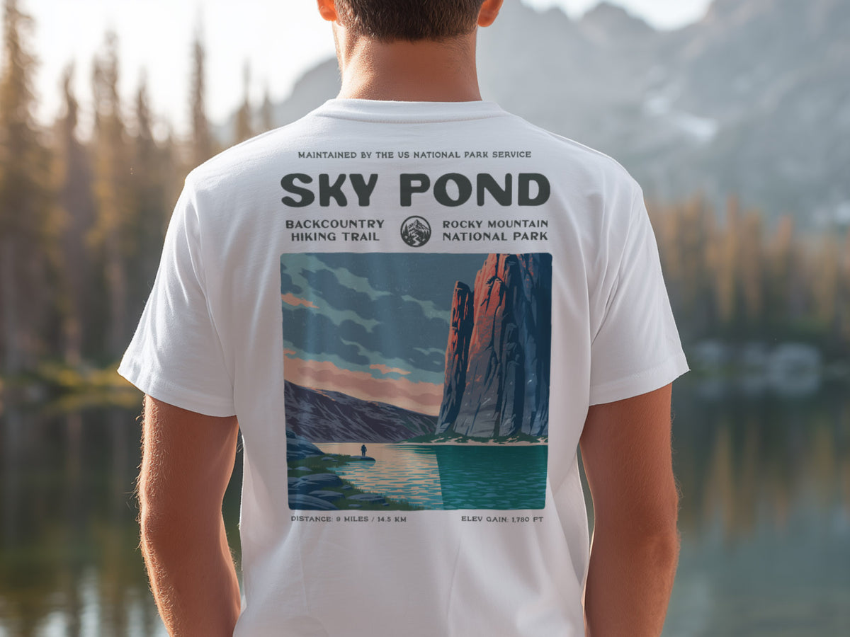 Sky Pond Hiking T-Shirt | Hiker Gift | Rocky Mountain Trail Tee — design printed on the back of the t-shirt