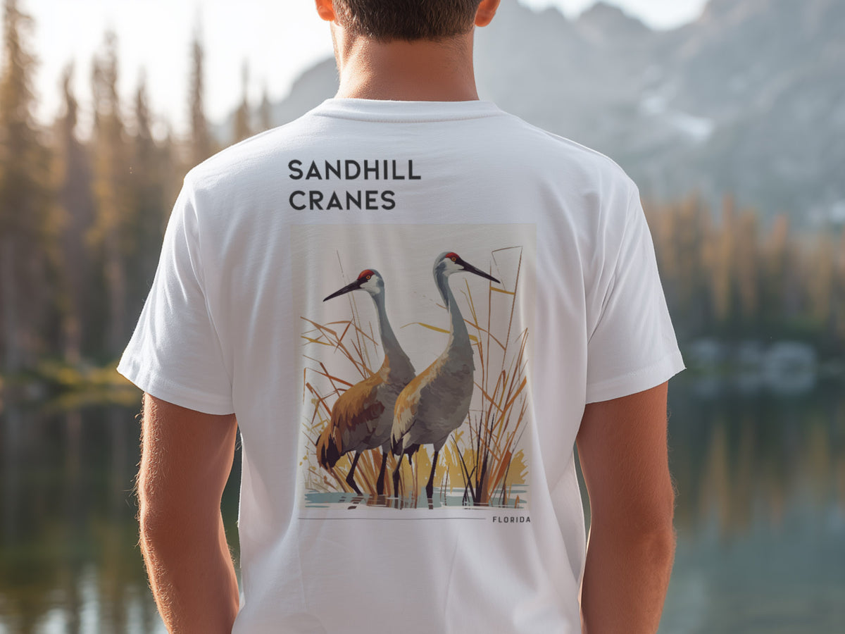 Sandhill Cranes Florida Travel T-Shirt | Wild Birds of the Sunshine State — design printed on the back of the t-shirt