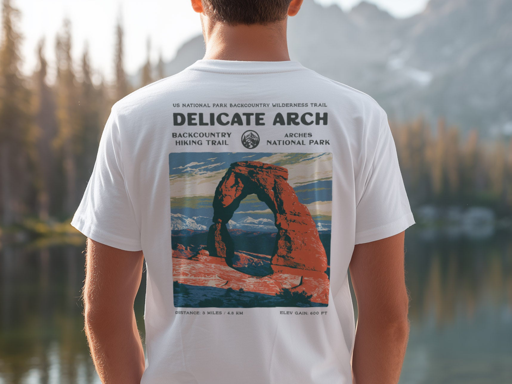 Delicate Arch Hiking T-Shirt | Hiker Gift | Red Rock Trail Tee — design printed on the back of the t-shirt