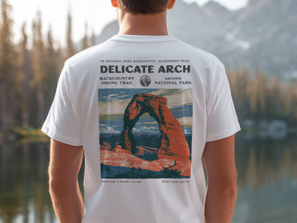 Delicate Arch Hiking T-Shirt | Hiker Gift | Red Rock Trail Tee — design printed on the back of the t-shirt