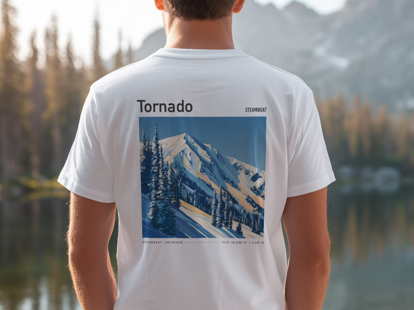 Tornado Steamboat Ski T-Shirt | Steamboat Springs Mountain Art Tee — design printed on the back of the t-shirt