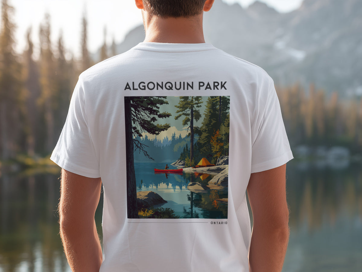 Algonquin Park Travel T-Shirt | Wild Ontario Wilderness Art Tee — design printed on the back of the t-shirt