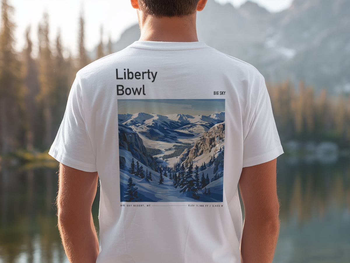 Liberty Bowl Ski T-Shirt | Big Sky Mountain Art Tee — design printed on the back of the t-shirt