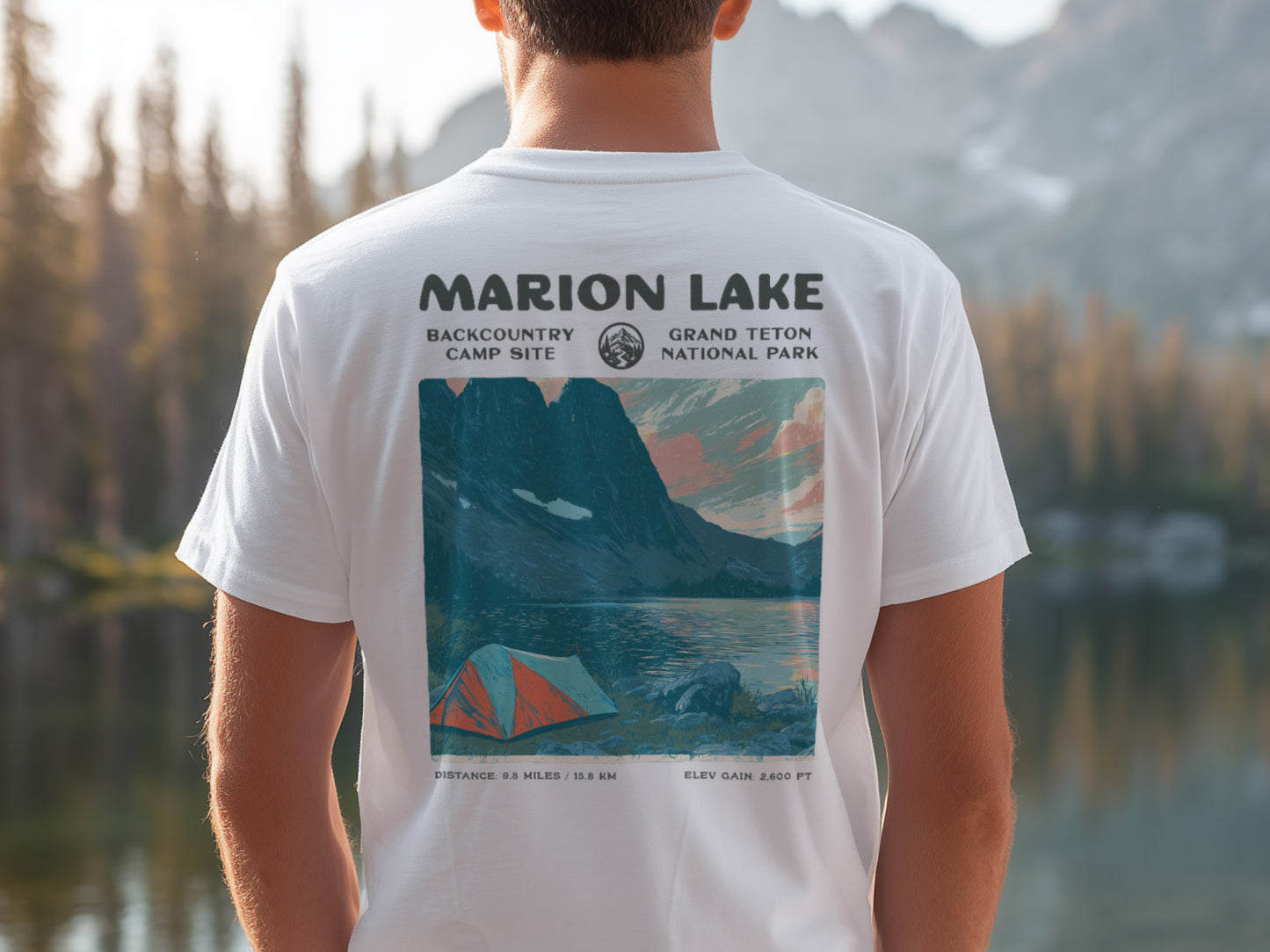 Marion Lake Hiking T-Shirt | Hiker Gift | Teton Backcountry Trail Tee — design printed on the back of the t-shirt