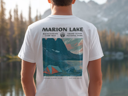 Marion Lake Hiking T-Shirt | Hiker Gift | Teton Backcountry Trail Tee — design printed on the back of the t-shirt