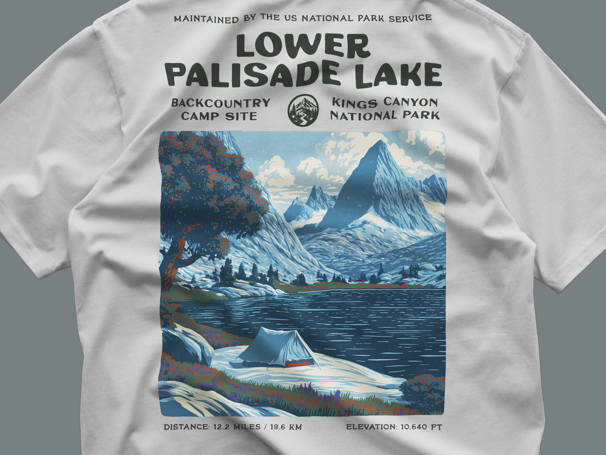 Lower Palisade Lake Hiking T-Shirt | Backpacker Gift | High Sierra Trail Tee — close-up of the left-chest pocket print