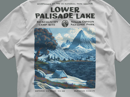 Lower Palisade Lake Hiking T-Shirt | Backpacker Gift | High Sierra Trail Tee — close-up of the left-chest pocket print