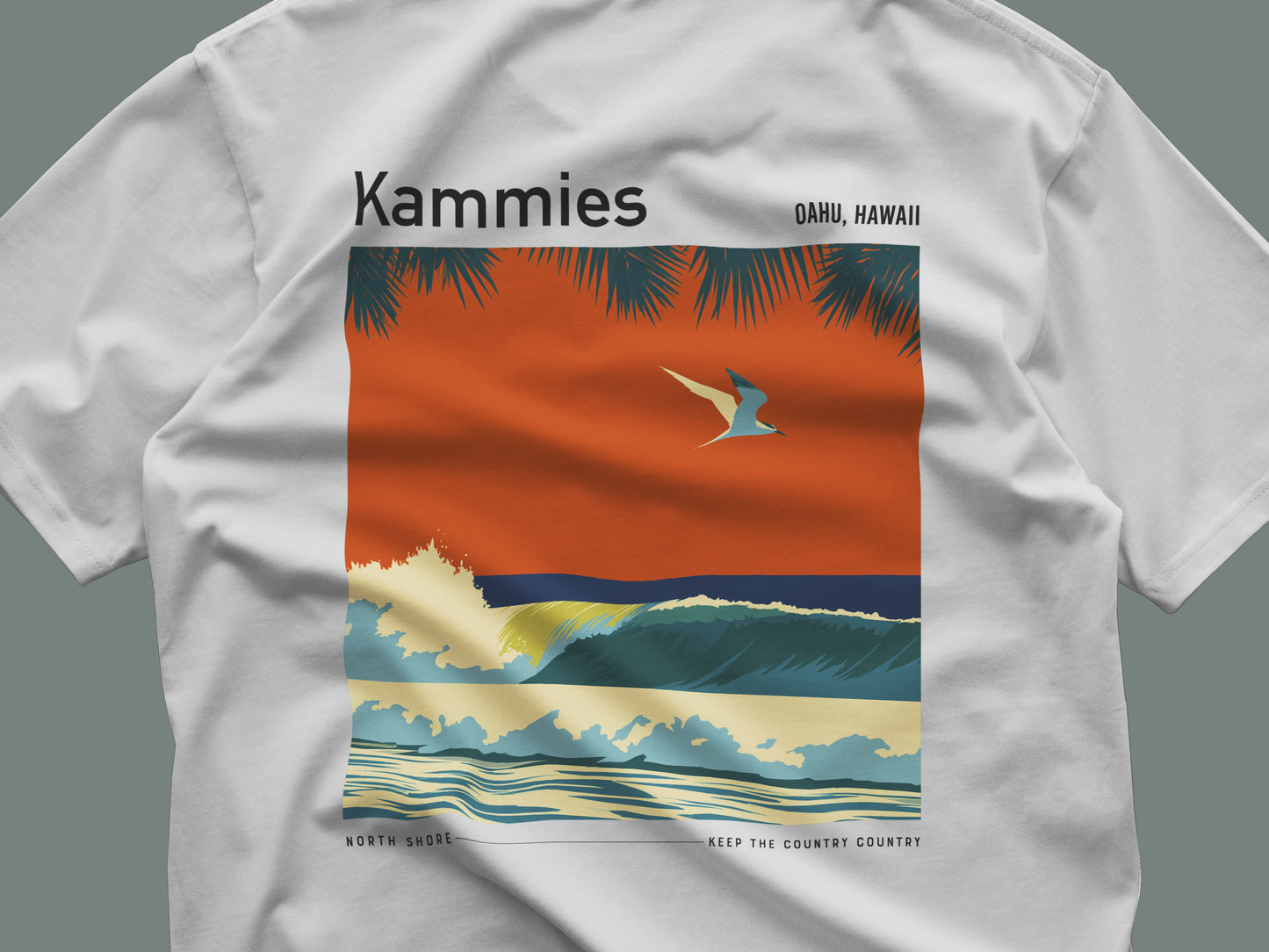 Kammies Surf T-Shirt | Hawaii Wave Art Tee — close-up of the left-chest pocket print