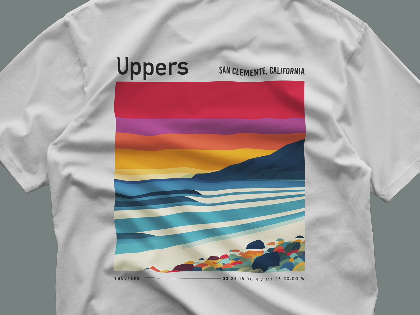 Uppers, Trestles Surf T-Shirt | Southern California Wave Art Tee — close-up of the left-chest pocket print