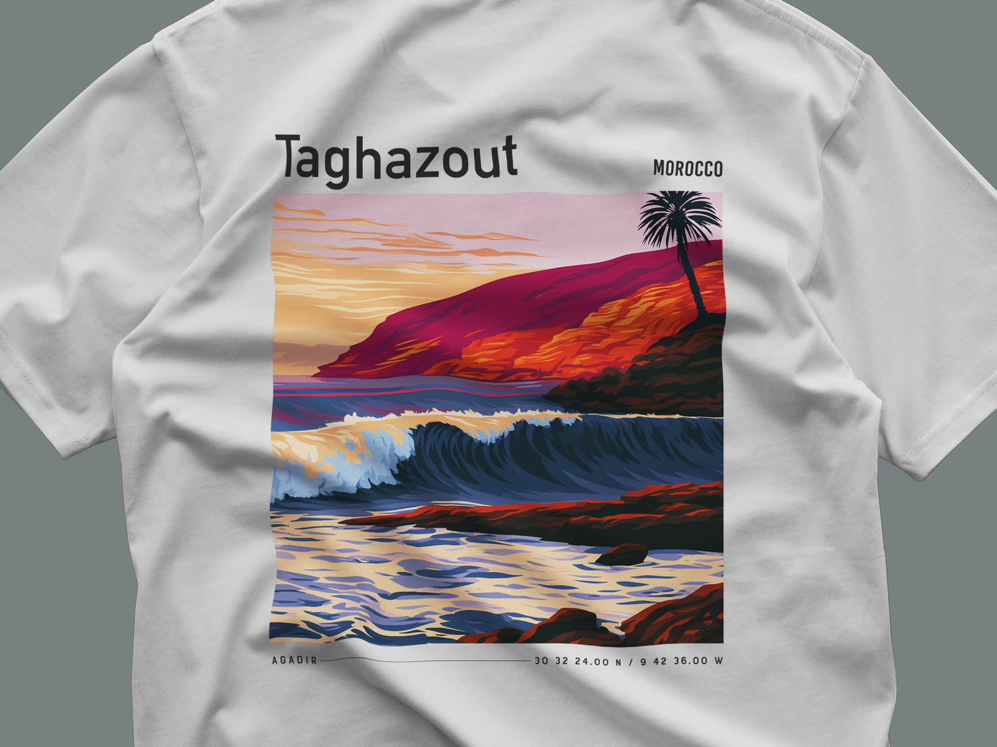 Taghazout Surf T-Shirt | Moroccan Wave Art Tee — close-up of the left-chest pocket print