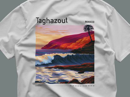Taghazout Surf T-Shirt | Moroccan Wave Art Tee — close-up of the left-chest pocket print