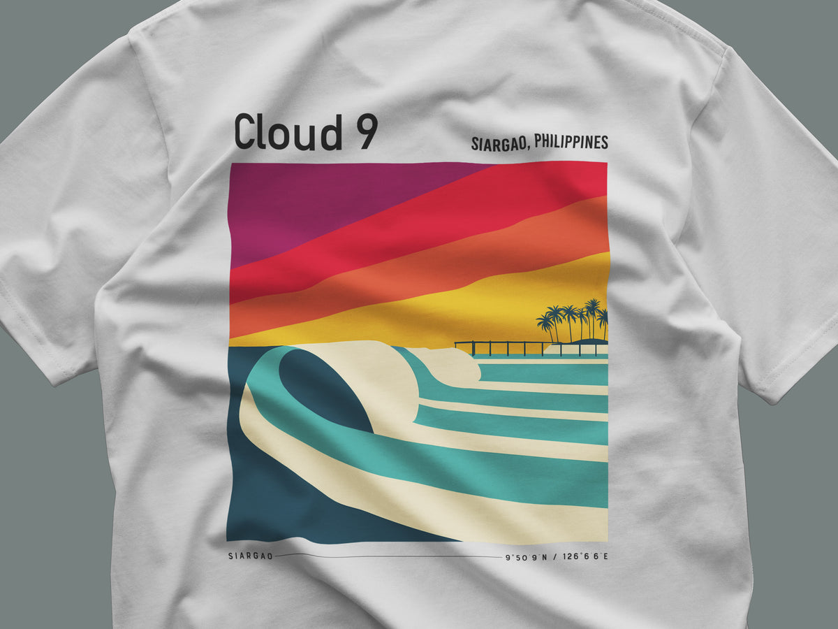 Cloud 9, Siargao Surf T-Shirt | Hollow Barrels Over Reef — close-up of the left-chest pocket print