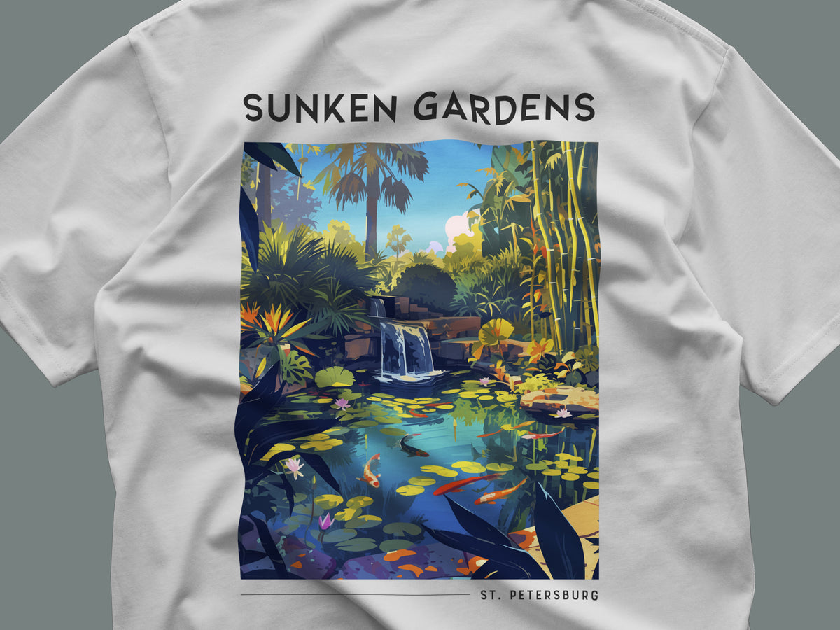 Sunken Gardens Travel T-Shirt | Tropical St. Petersburg Garden Art — close-up of the left-chest pocket print