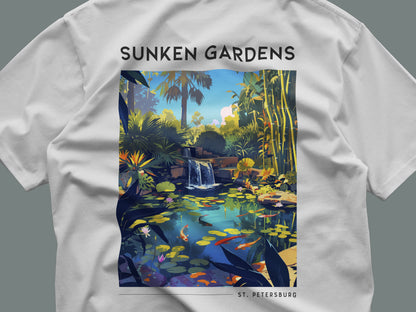 Sunken Gardens Travel T-Shirt | Tropical St. Petersburg Garden Art — close-up of the left-chest pocket print
