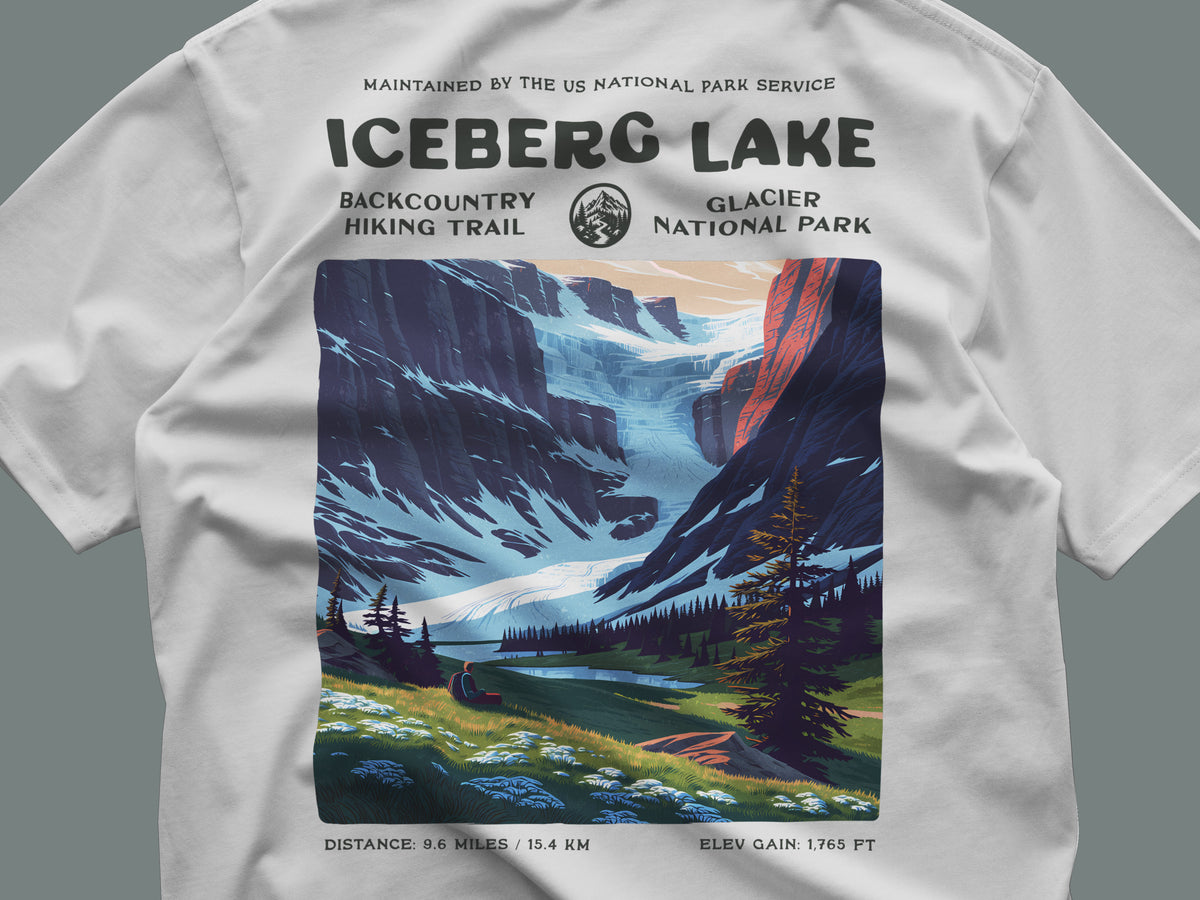Iceberg Lake Hiking T-Shirt | Hiker Gift | Glacier National Park Tee — close-up of the left-chest pocket print