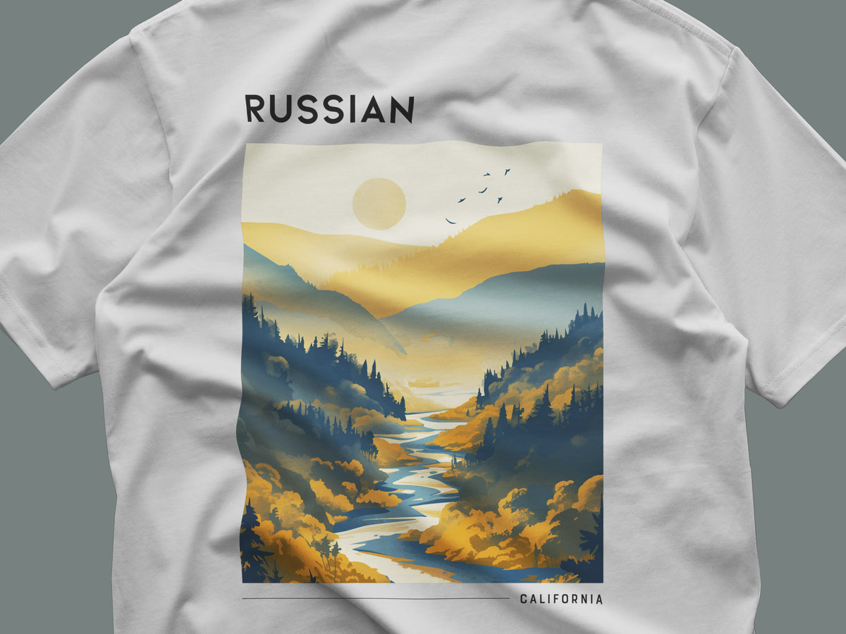 Russian River Valley Travel T-Shirt | Wine Country California Art Tee — close-up of the left-chest pocket print