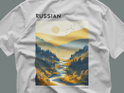 Russian River Valley Travel T-Shirt | Wine Country California Art Tee — close-up of the left-chest pocket print