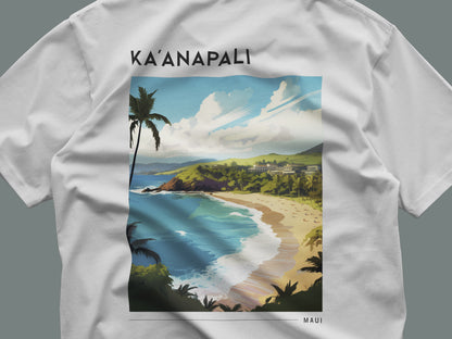 Ka'anapali, Maui Travel T-Shirt | Golden Shore Aloha Art Tee — close-up of the left-chest pocket print