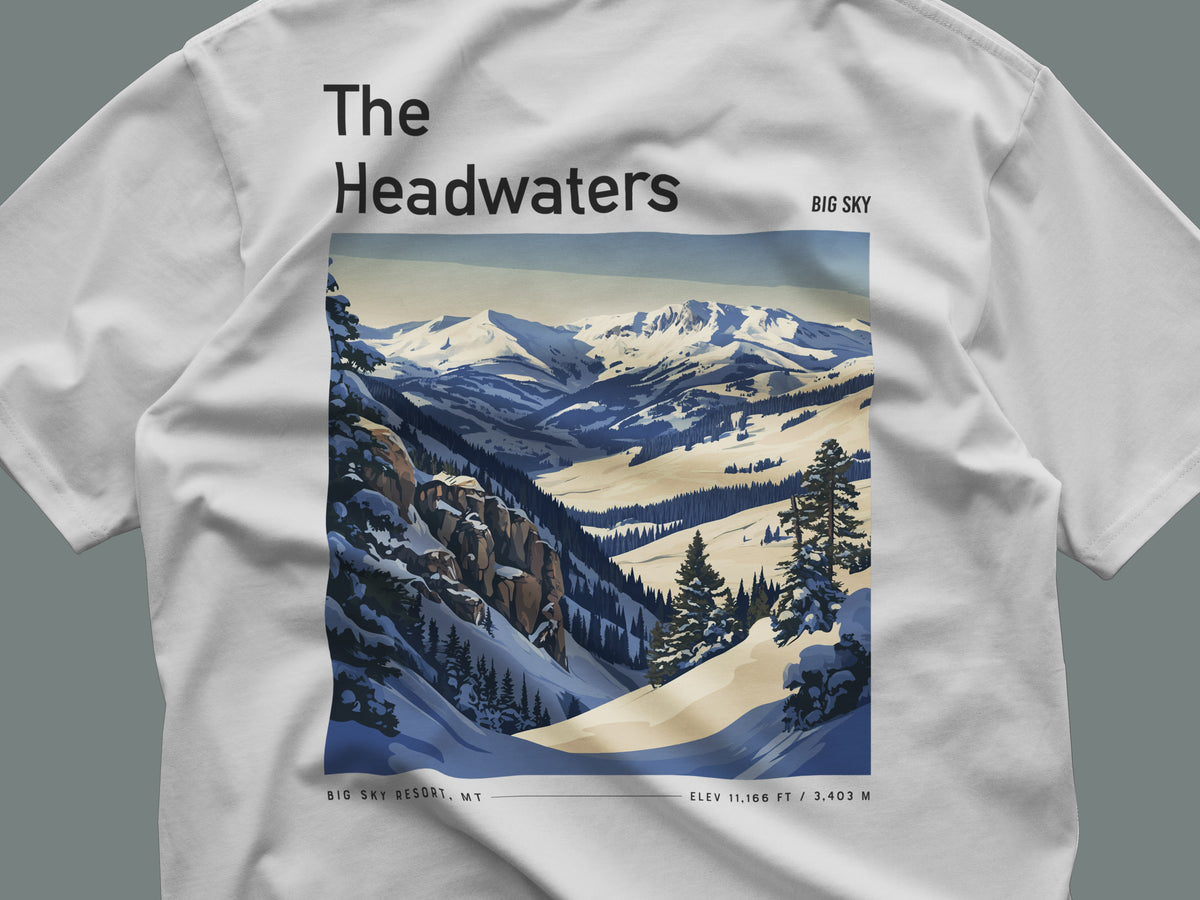 The Headwaters Ski T-Shirt | Big Sky Mountain Art Tee — close-up of the left-chest pocket print