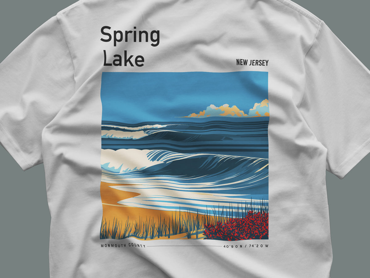 Spring Lake Surf T-Shirt | Jersey Shore Wave Art Tee — close-up of the left-chest pocket print