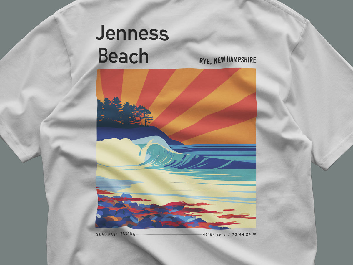 Jenness Beach Surf T-Shirt | New Hampshire Coastal Wave Tee — close-up of the left-chest pocket print